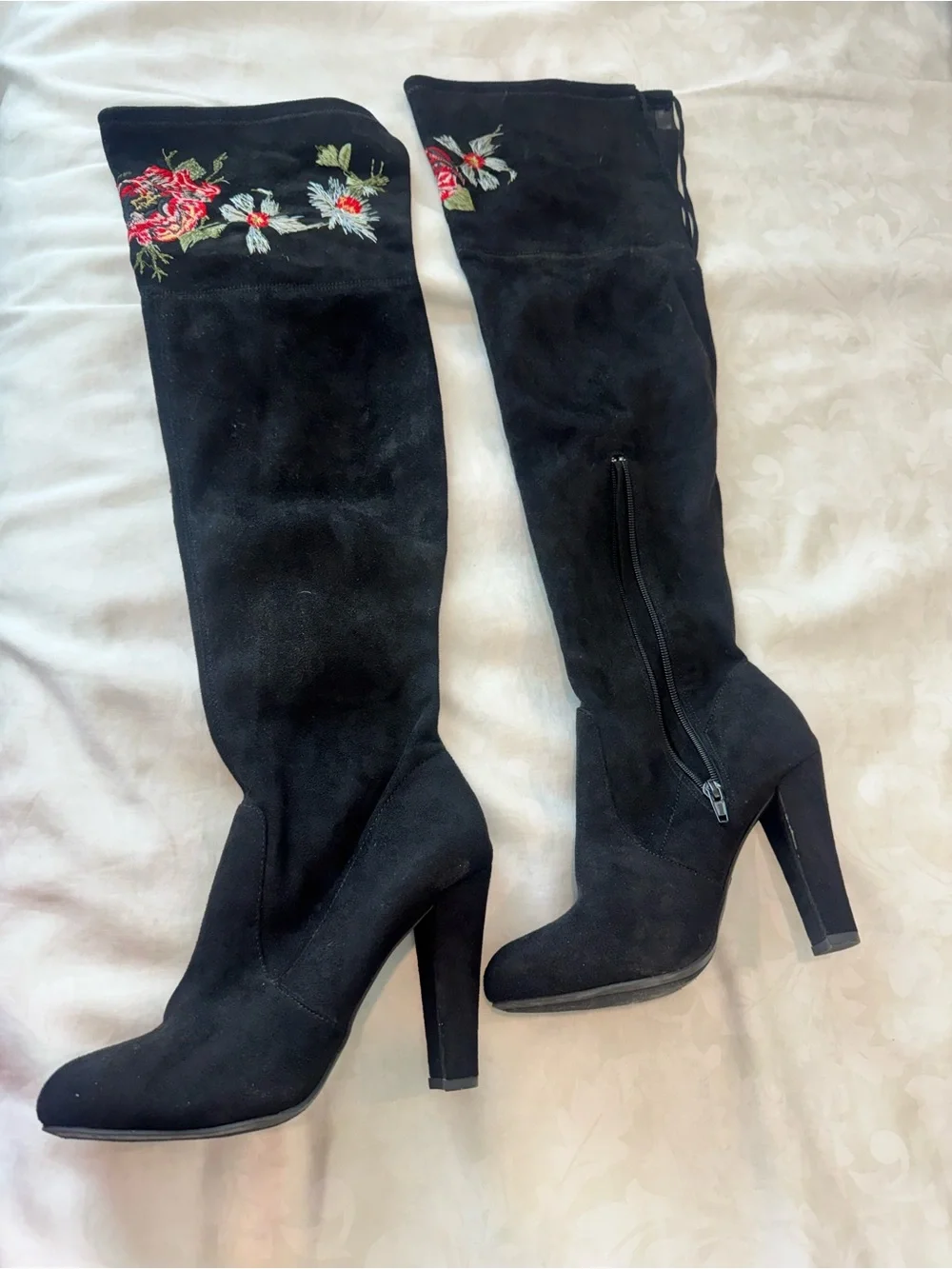 Over the knee micro suede boots with sophisticated floral embroidery